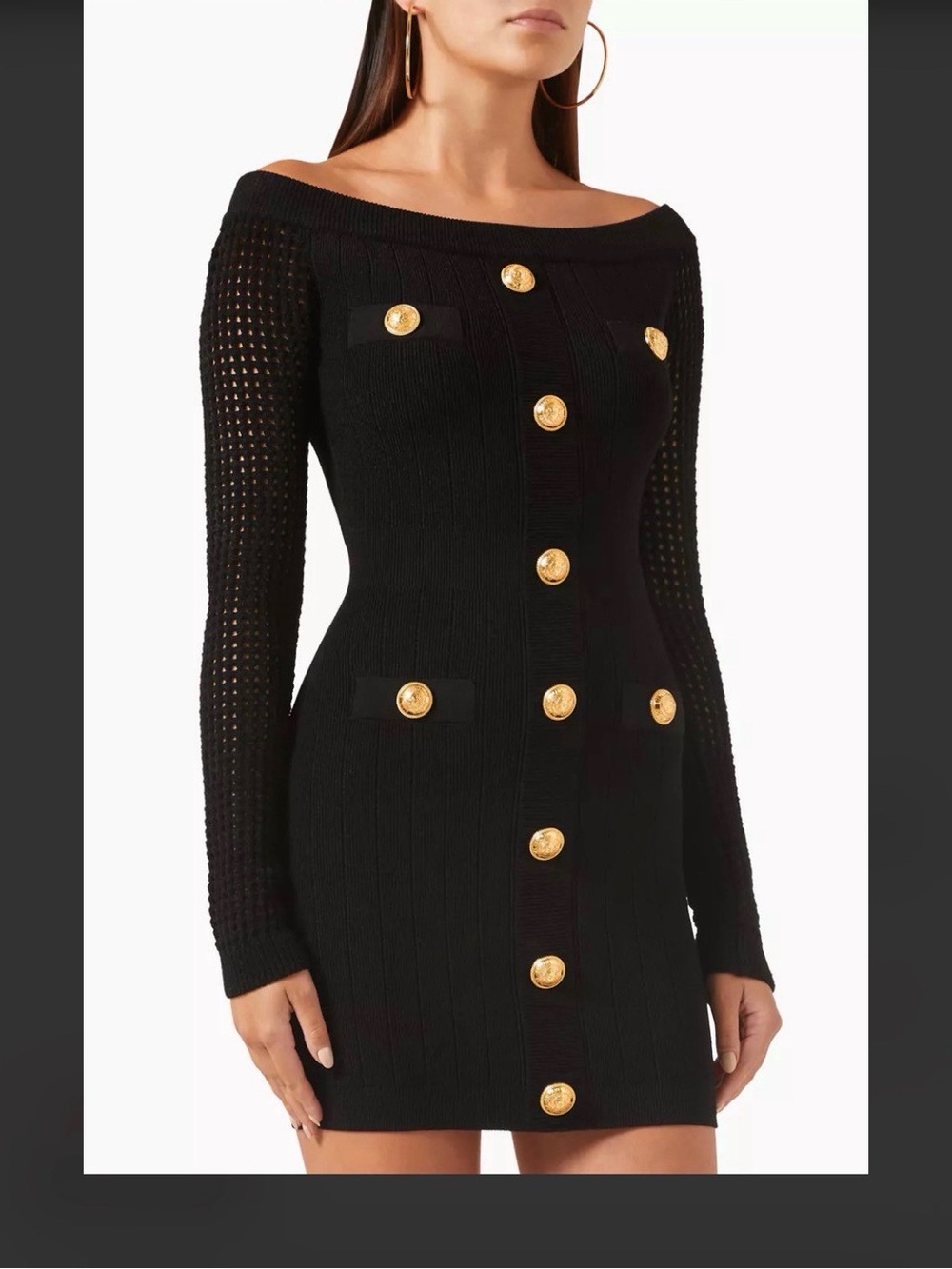 Balmain Black One-Shoulder Mesh Knit Dress with Gold Buttons - Picture 2 of 5